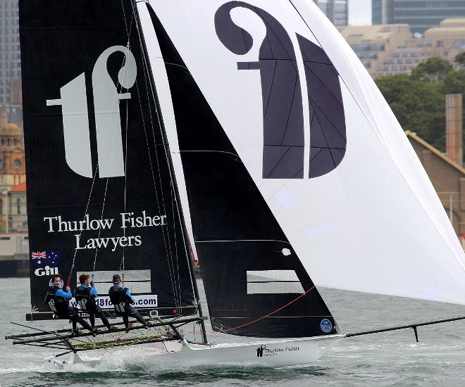 Thurlow Fisher Lawyers grabbed the lead down the first spinnaker run to the bottom mark - JJ Giltinan 18ft Skiff Championship © Frank Quealey /Australian 18 Footers League http://www.18footers.com.au
